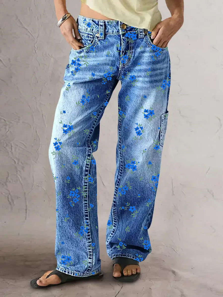 Women's Retro Style Art Print Casual Pocket Button Wide Leg Pants